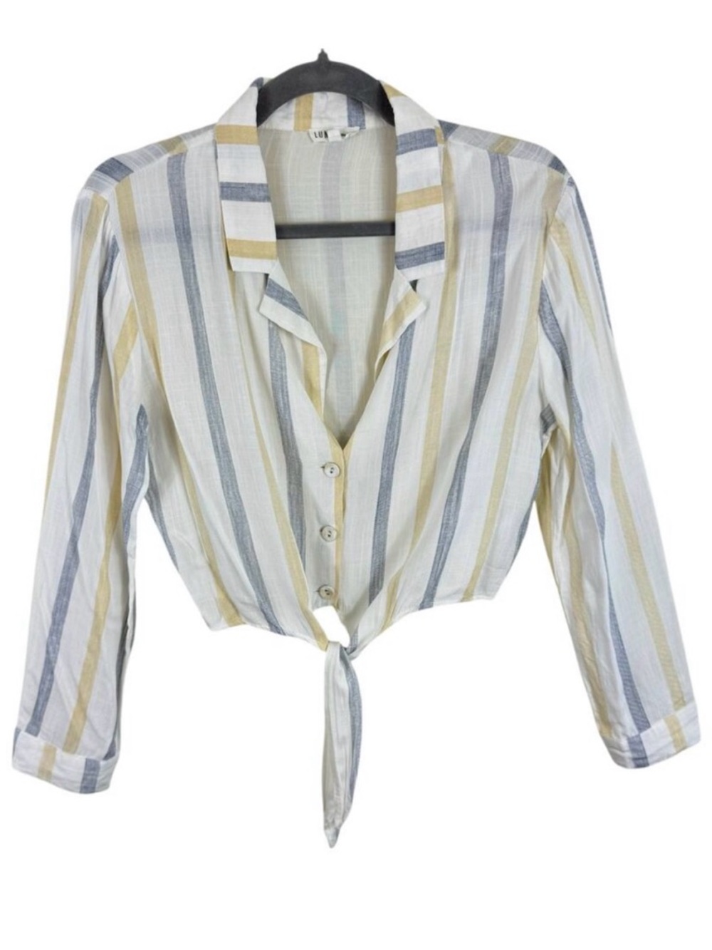 LUNIK Striped Lightweight Cropped Collared Button Up Tie Front Blouse‎ Size M